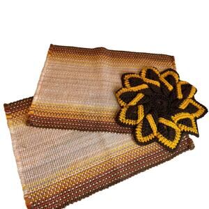 Vintage 70s Kitchen Bundle Placemats Crochet Pot Holder Brown Mustard
